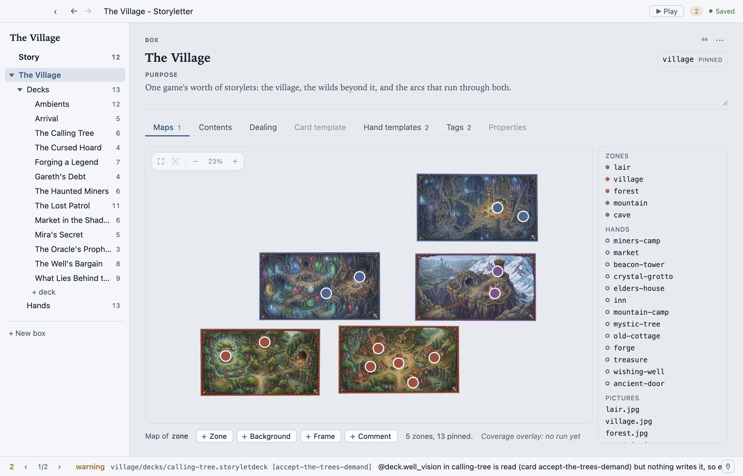 The Village example's map in Storyletter: five illustrated zones laid out on the canvas, each an overhead picture with its outline traced over it and its hands standing as pins inside it. The zoom cluster sits top left of the canvas. A side panel on the right lists the map's contents: the five zones with their colours, the thirteen hands, and the five background pictures. The strip underneath carries the add buttons and reads '5 zones, 13 pinned'.