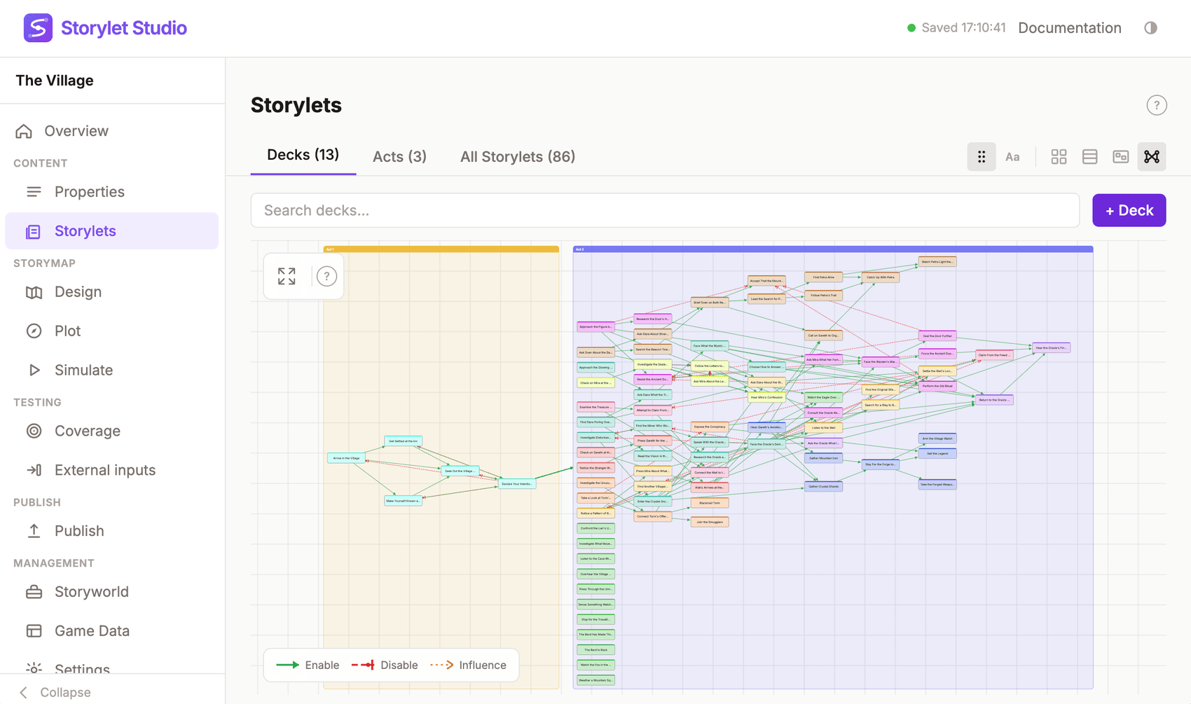 The Connections graph: storylets shown as nodes, grouped by act, with edges between them - green for enable, red for disable, dotted for influence (see the legend). Derived from conditions and outcomes alone, with no playthrough.