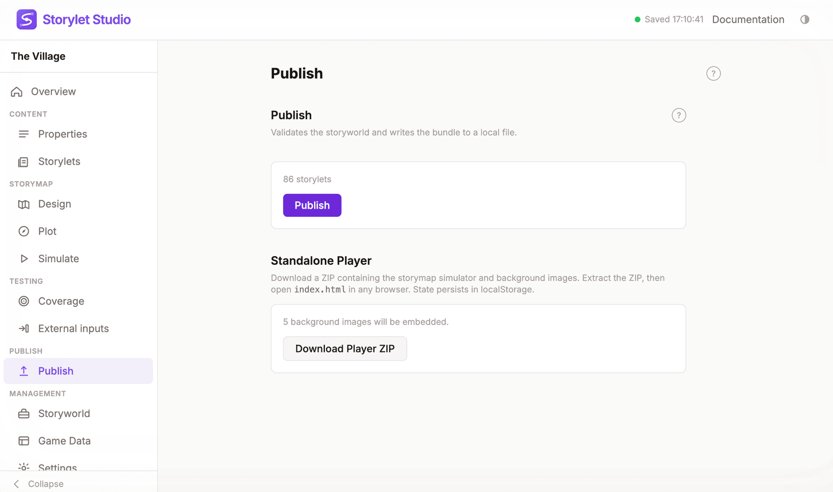 The Publish pane: a Publish button that writes the .storyworld bundle, and a Standalone Player section that downloads a one-file HTML player (with the storymap background images embedded) you can open in any browser.