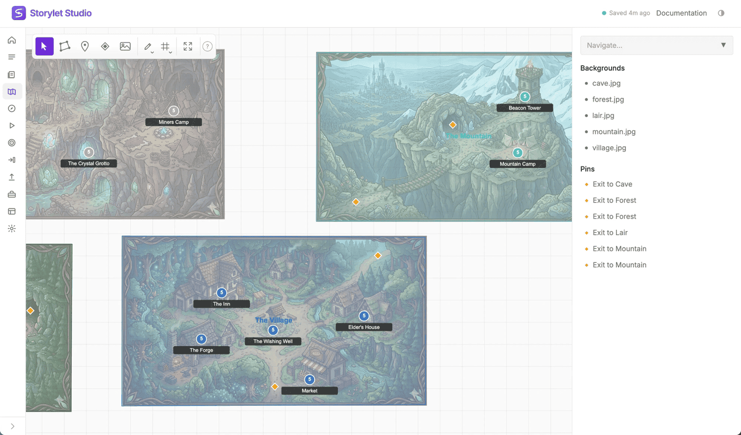 The Village open in Storylet Studio's Storymap: five regions (the Lair, the Crystal Grotto, the Mountain, the Forest, and the Village) laid out as a map, each with its sites and slot counts.